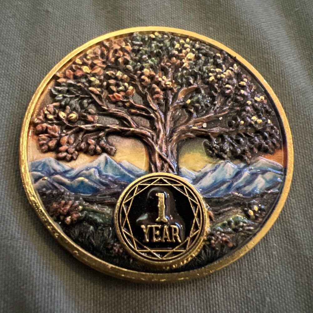 1 Year Tree AA NA Sobriety Coin Recovery Chip Sober Anniversary Token